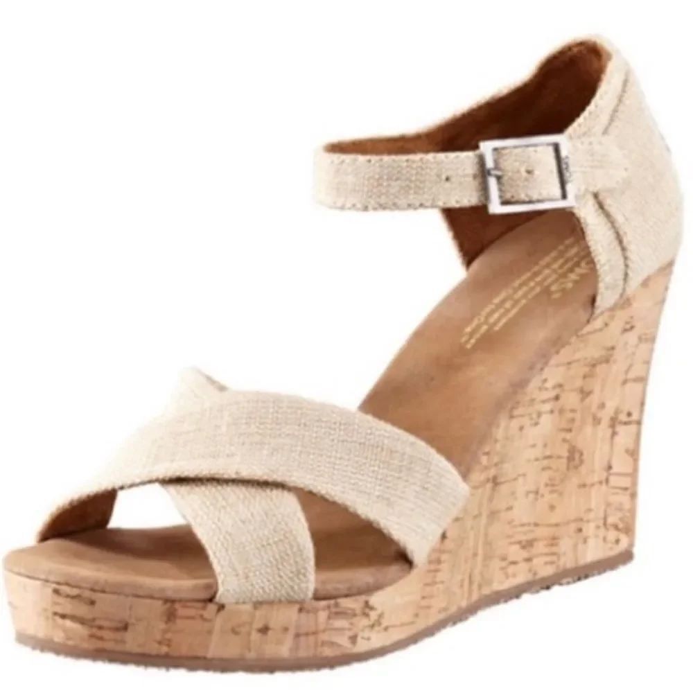 Tom’s Sienna cream crossover strappy wedge sandals